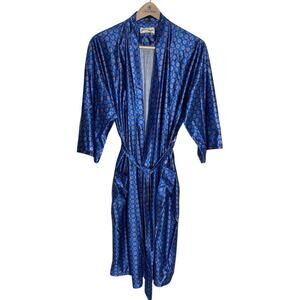 Vintage 80s 90s Pierre Cardin Blue Red Satin Printed Robe Smoking Jacket Belted